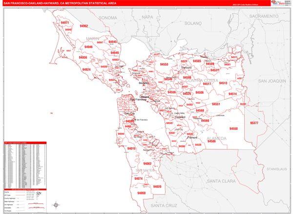 San Francisco-Oakland-Hayward Metro Area Digital Map Red Line Style